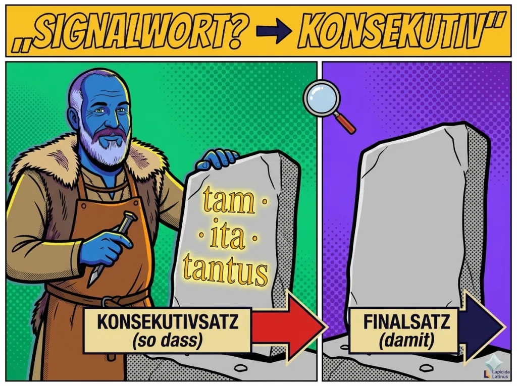 Comicbild im Asterix-Stil: Lapicida-Steinmetz zeigt Signalwörter tam, ita, tantus für den Konsekutivsatz gegenüber dem Finalsatz – Konjunktiv Latein Nebensatz erkennen