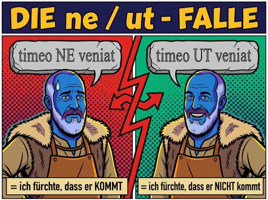 Comicbild im Asterix-Stil: die timeo-ne-Falle, timeo ne heißt dass, timeo ut heißt dass nicht – Konjunktiv Latein Nebensatz