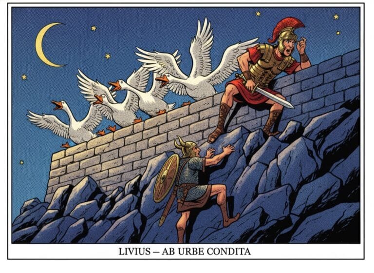 Die kapitolinischen Gänse wecken den Wächter, während Gallier die Burg erklimmen — Livius, Comic-Popart-Stil