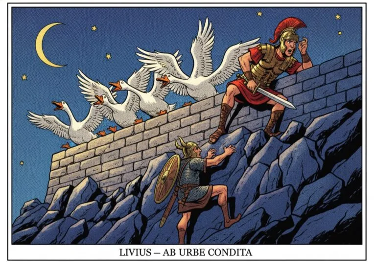 Die kapitolinischen Gänse wecken den Wächter, während Gallier die Burg erklimmen — Livius, Comic-Popart-Stil