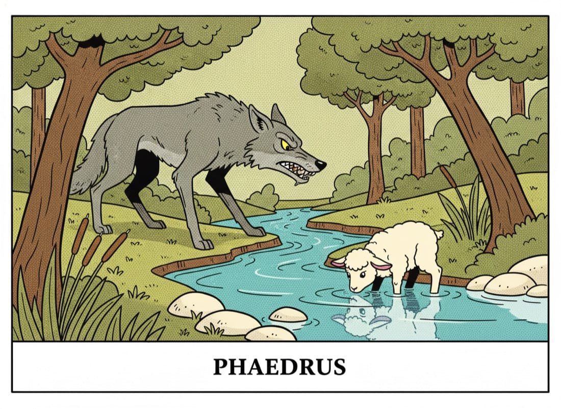 Der Wolf und das Lamm am Bach — Phaedrus's Fabel im Comic-Popart-Stil