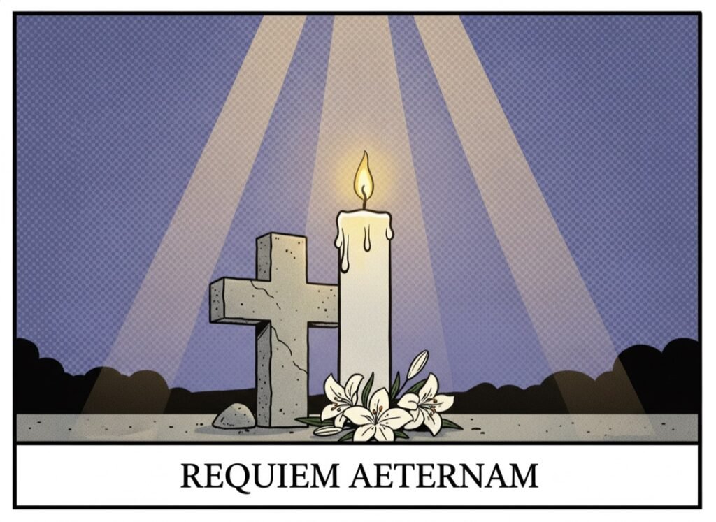 A candle before a stone cross with rays of light — Requiem aeternam, comic pop-art style