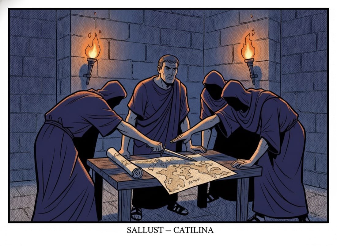 Die Verschwörung des Catilina bei Nacht im Fackelschein — Sallust, Comic-Popart-Stil