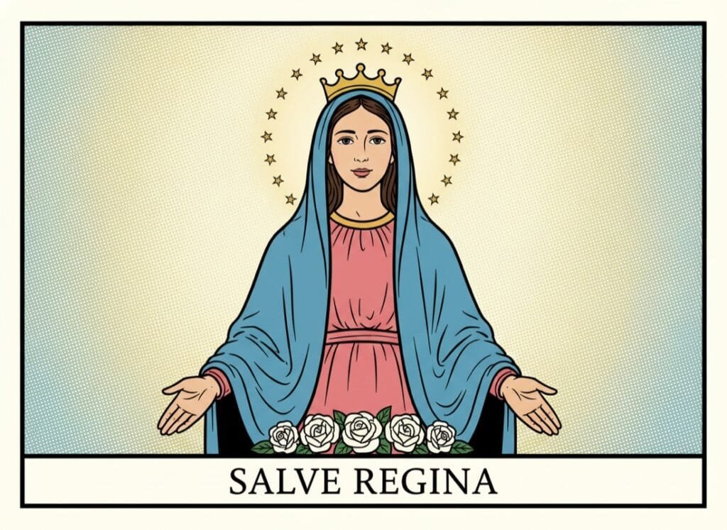 Maria als Himmelskönigin mit Krone und Sternenkranz — Salve Regina, Comic-Popart-Stil
