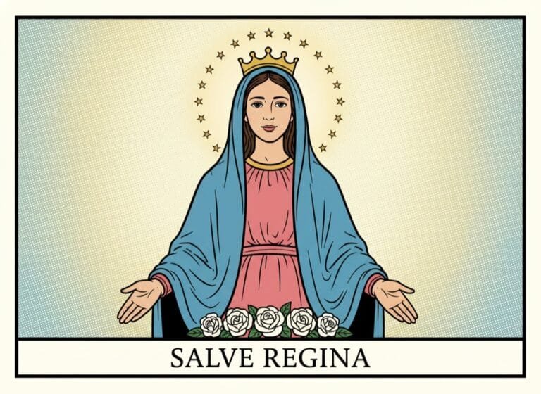 Maria als Himmelskönigin mit Krone, blauem Mantel und Sternenkranz in Fürbitte-Geste — Salve Regina, Comic-Popart-Stil
