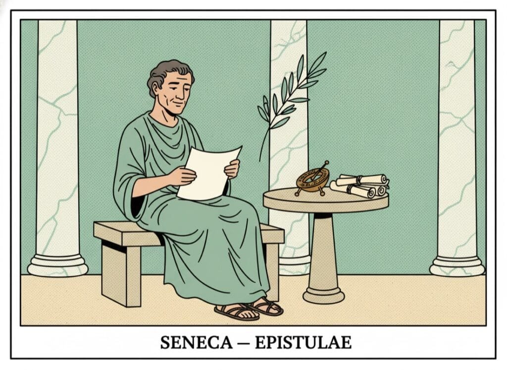 Seneca as a Stoic philosopher in a colonnade with scroll and sundial — comic pop-art style