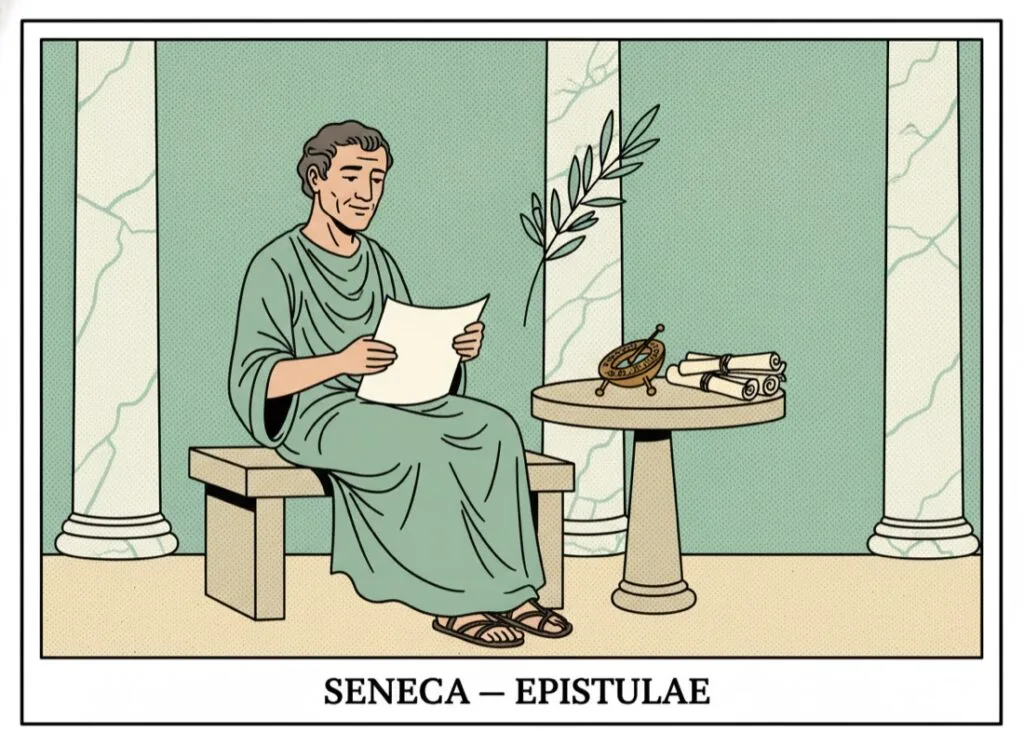 Seneca als stoischer Philosoph in der Säulenhalle mit Schriftrolle und Sonnenuhr — Comic-Popart-Stil