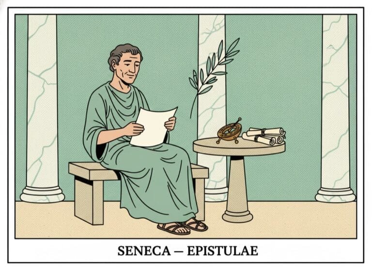Seneca als stoischer Philosoph in der Säulenhalle mit Schriftrolle und Sonnenuhr — Comic-Popart-Stil
