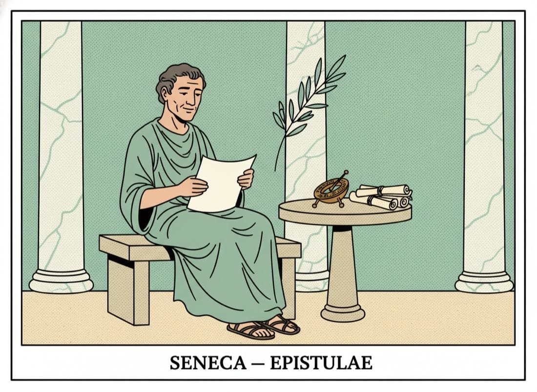 Seneca als stoischer Philosoph in der Säulenhalle mit Schriftrolle und Sonnenuhr — Comic-Popart-Stil