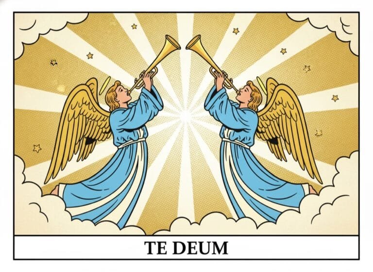 Zwei Engel mit goldenen Posaunen loben Gott — Te Deum, Comic-Popart-Stil