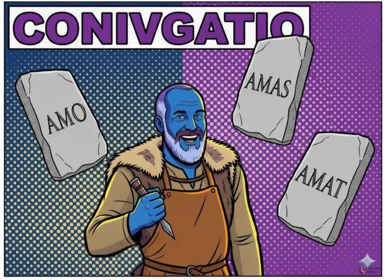 Latein Konjugationstabelle — alle Zeiten und die 4 Konjugationen 6 Latin conjugation chart with amo, amas, amat — the Lapicida stonemason