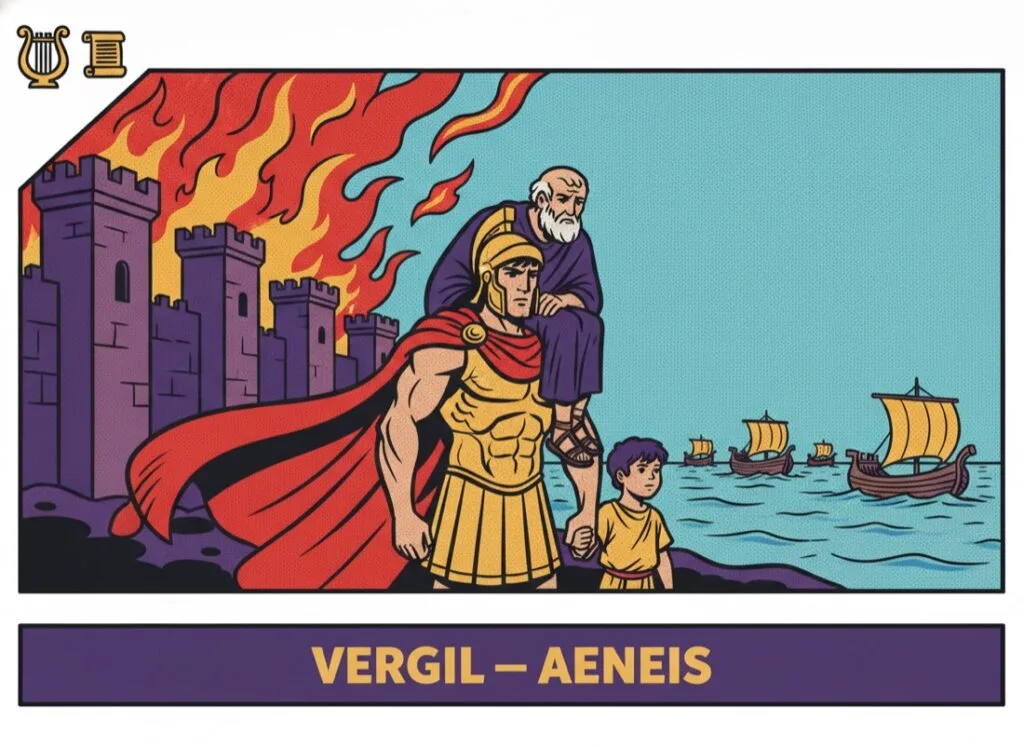 Aeneas trägt seinen Vater Anchises aus dem brennenden Troja zu den Schiffen — Vergils Aeneis im Comic-Popart-Stil