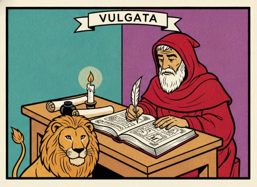 Hieronymus schreibt die Vulgata in einen aufgeschlagenen Codex, ein Loewe an seiner Seite — Comic-Popart-Stil