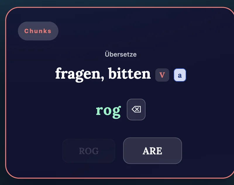 Lapicida Latinus im Unda-Modus, Aufgabe „Chunks“: Übersetze „fragen, bitten“. Der Wortstamm „rog“ steht bereits, als nächster Baustein wird „ARE“ angeboten.