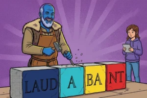 Latein-Formen üben im Comic-Stil: der blaue Steinmetz meißelt LAUD · A · BA · NT in vier farbige Steinblöcke, ein Mädchen mit Tablet schaut zu