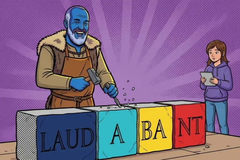 Latein-Formen üben im Comic-Stil: der blaue Steinmetz meißelt LAUD · A · BA · NT in vier farbige Steinblöcke, ein Mädchen mit Tablet schaut zu