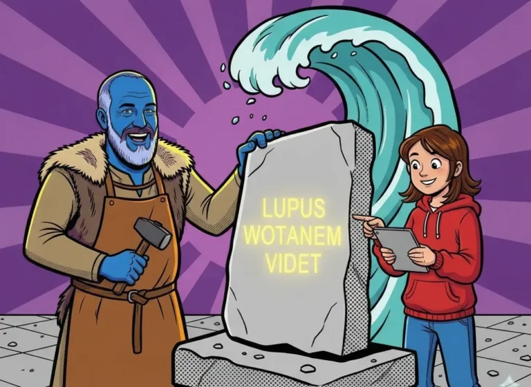 Latein übersetzen lernen: Der blaue Lapicida-Steinmetz meißelt den Satz LUPUS WOTANEM VIDET in eine Steintafel, über ihm eine Welle, eine Schülerin mit Tablet zeigt darauf