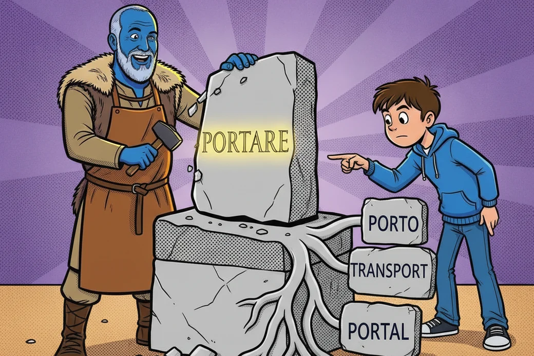 Latein-Vokabeln lernen mit Wortfamilien: Der blaue Lapicida-Steinmetz meißelt PORTARE in Stein, daraus wachsen Porto, Transport und Portal