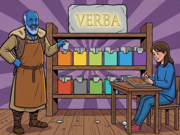 Latein-Vokabeltrainer im Comic-Stil: der blaue Steinmetz sortiert Vokabelkarten in sieben farbige Boxen, ein Mädchen schreibt mit dem Stift auf dem Tablet