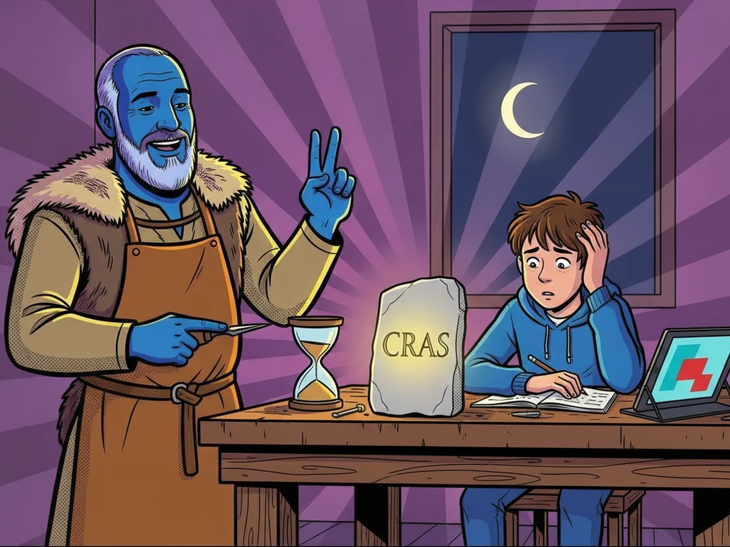 Lateinarbeit morgen: Der blaue Lapicida-Steinmetz zeigt einem Schüler am Abend eine Steintafel mit dem Wort CRAS (morgen)