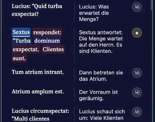 Latein vorlesen lassen mit Markierung: Bei „Sextus respondet: Turba dominum exspectat“ ist das gesprochene Wort unterstrichen, die Satzglieder sind farbig