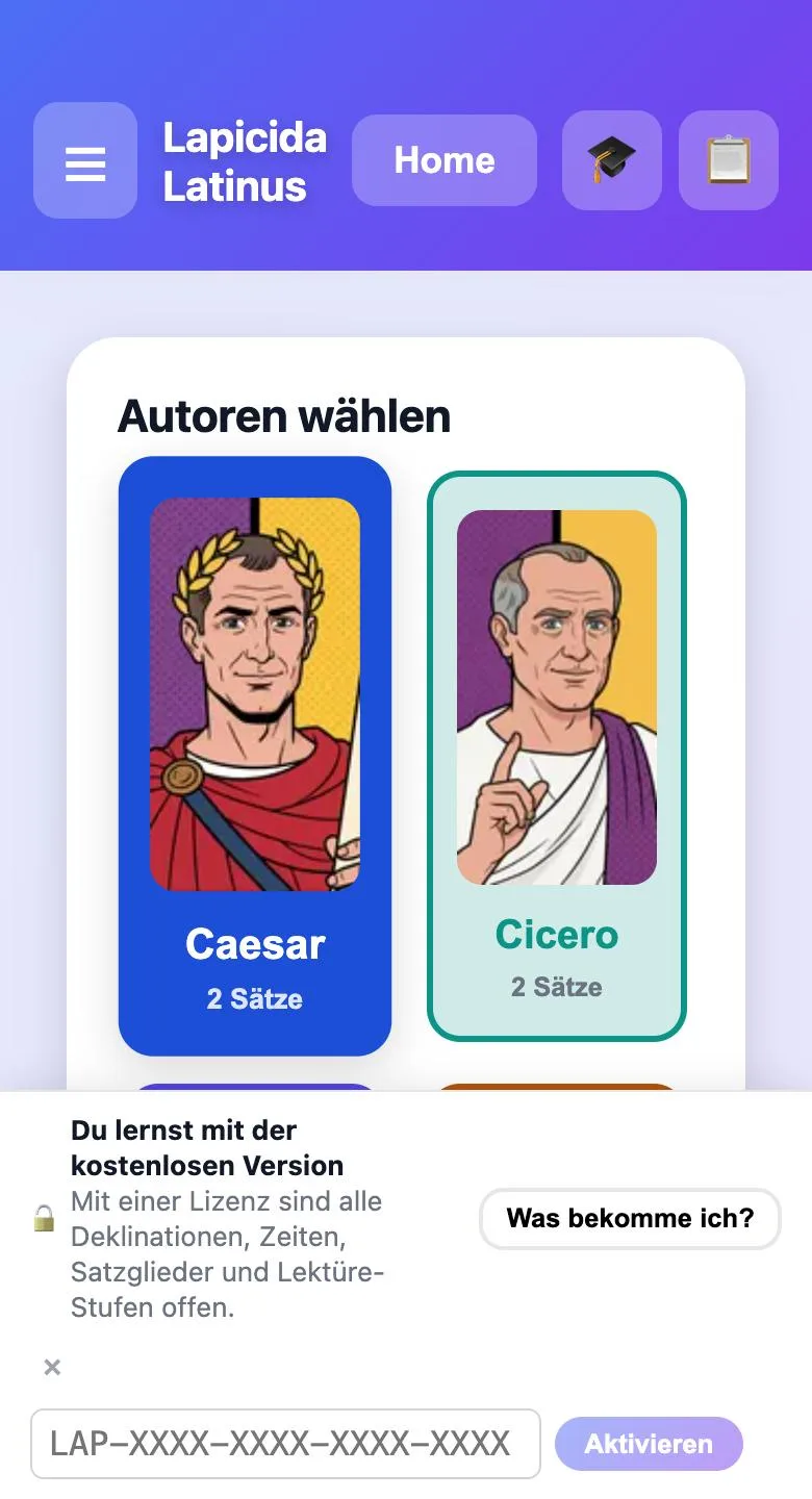 Lateinische Wortbedeutungen üben: Autoren wählen in Sensus Sensus in der Latein-App: Autoren wählen – Caesar, Cicero und weitere, mit der Zahl der Sätze