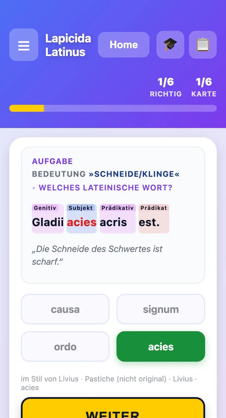 Lateinische Wortbedeutung von Deutsch nach Latein: acies Sensus-Aufgabe von Deutsch nach Latein: Bedeutung Schneide/Klinge – welches lateinische Wort? Lösung acies in Gladii acies acris est