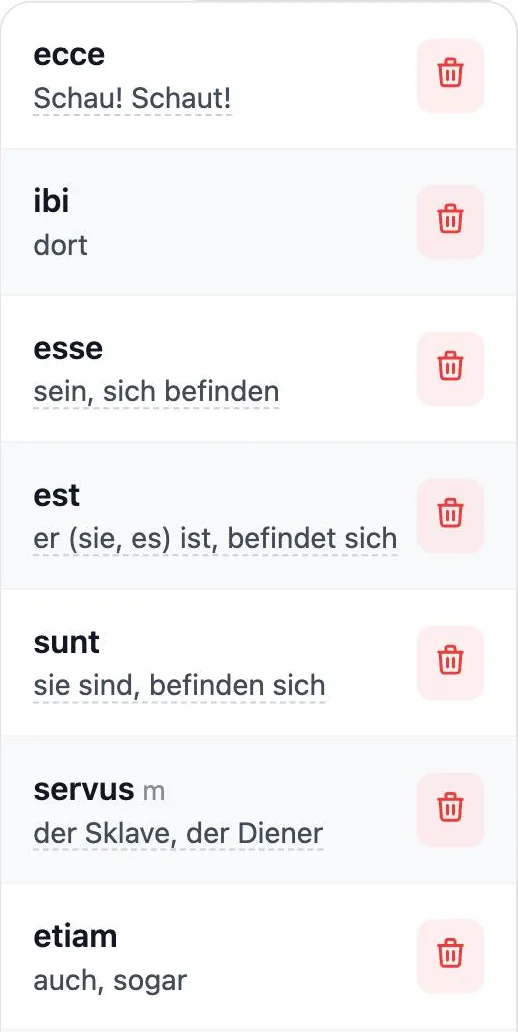 Eigene Latein-Vokabelliste mit ecce, ibi, esse, est, sunt, servus, etiam – so wie im Heft