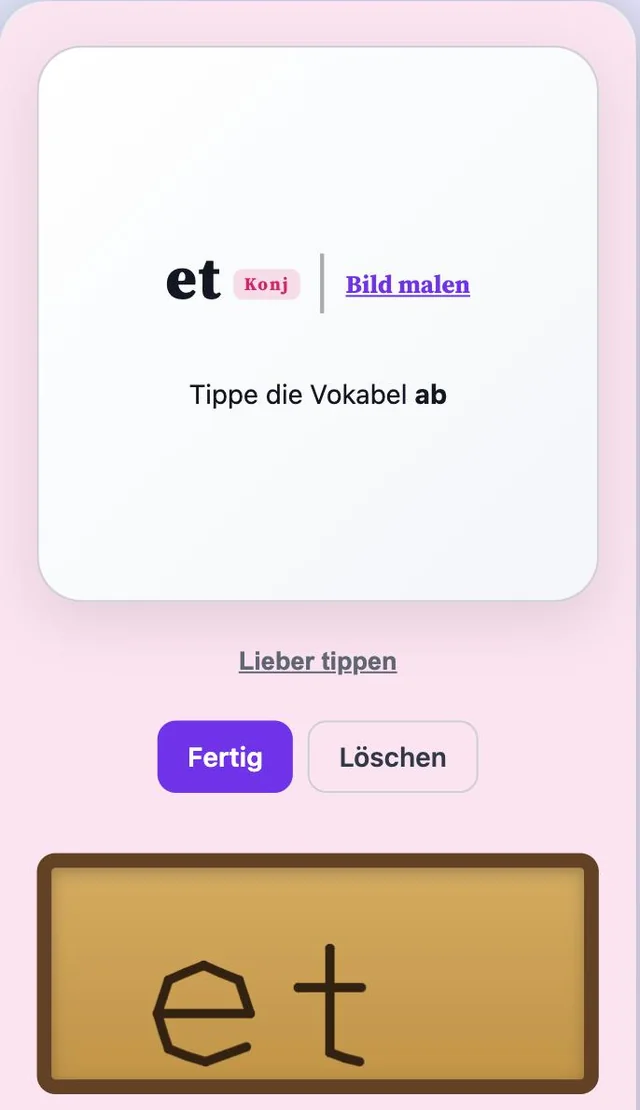 Wachstafel im Latein-Vokabeltrainer: „et“ mit dem Finger geschrieben