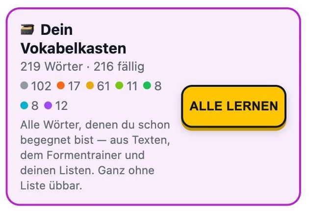 Karte „Dein Vokabelkasten“ mit 219 Wörtern und dem Knopf „Alle lernen“
