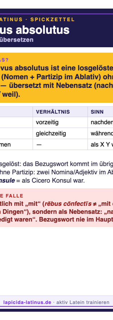 Ablativus absolutus — Erkennen, verstehen, übersetzen 2 Spickzettel Ablativus absolutus (A6)