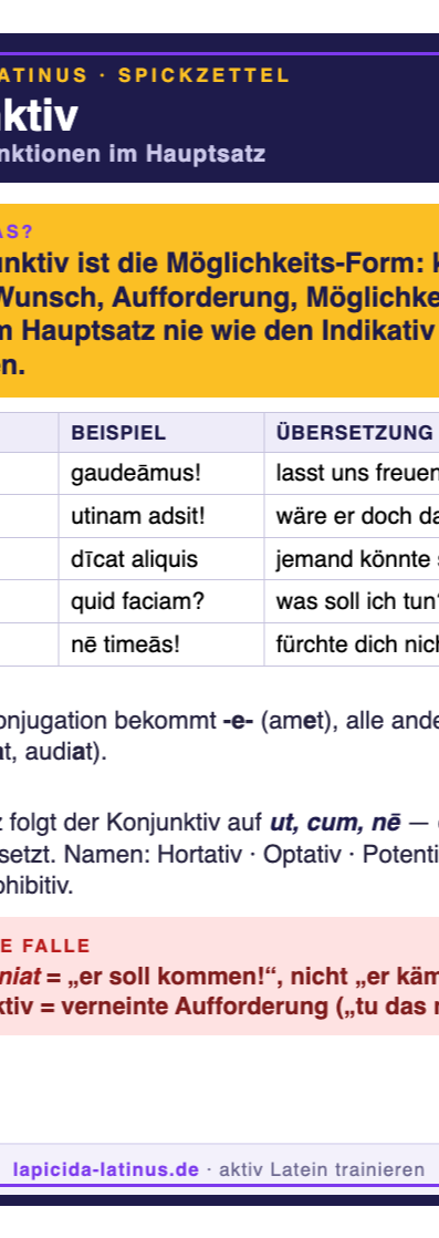 Konjunktiv Latein — Die 4 Grundfunktionen einfach erklärt 7 Spickzettel Konjunktiv (A6)